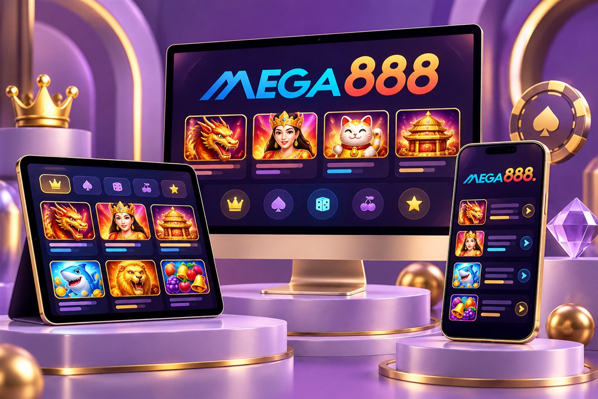 Mega888 branded smartphone, tablet and desktop illustration