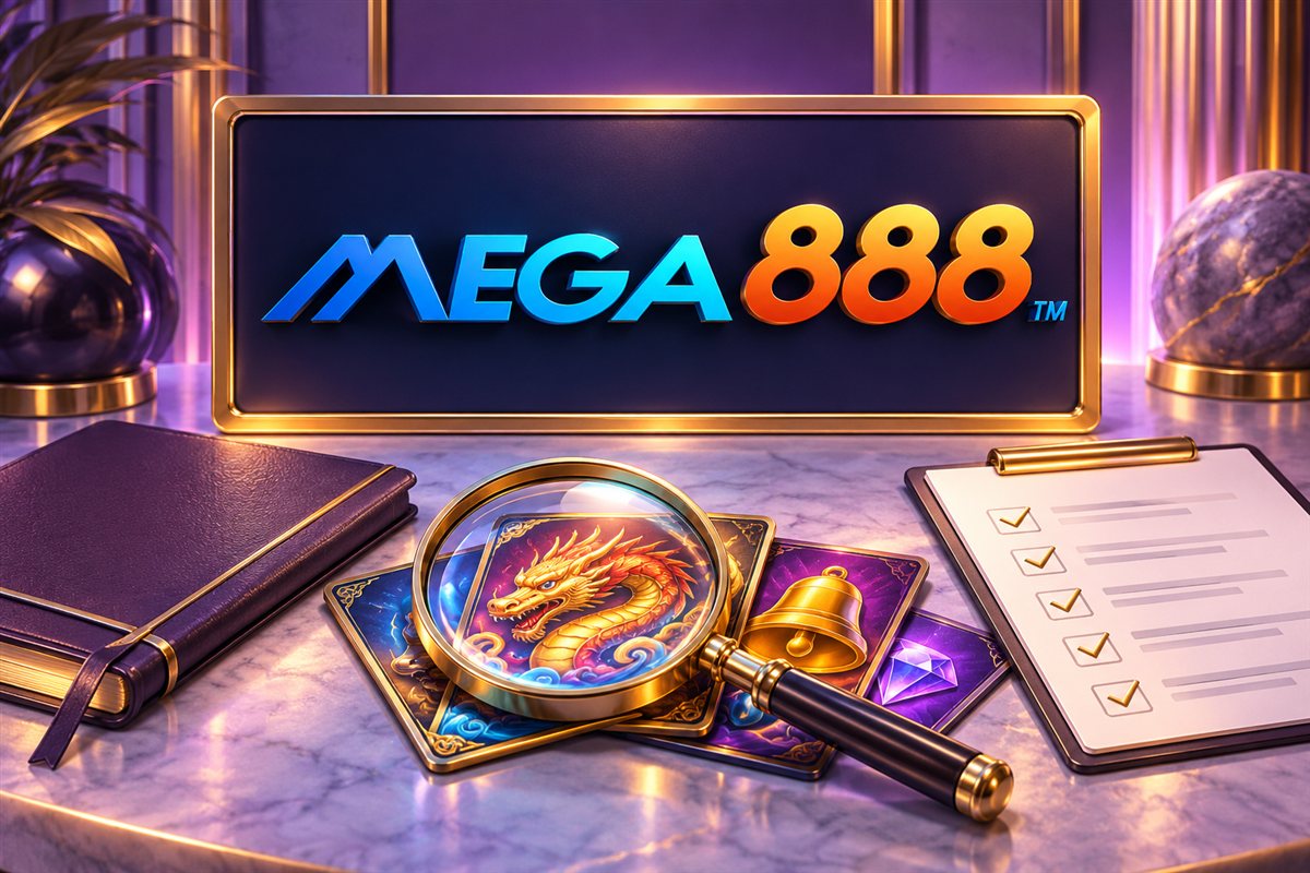 Mega888 branded review desk with notebook, magnifying glass and checklist