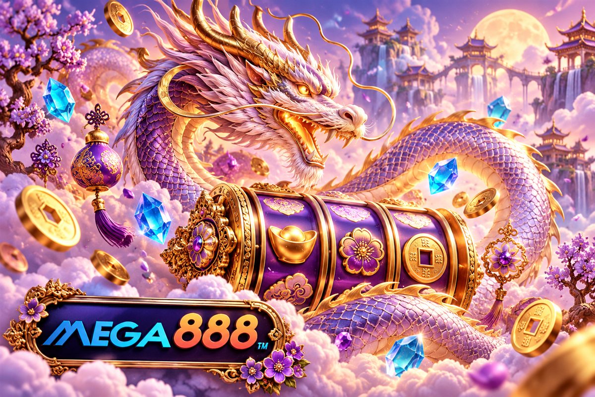 Mega888 branded dragon, gemstones, charms and fantasy reels illustration