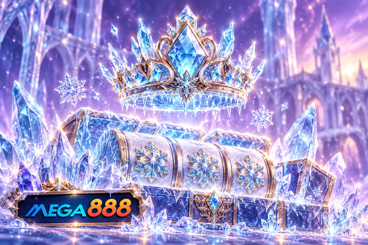 Mega888 branded ice crown, crystal chests and frosted reels illustration