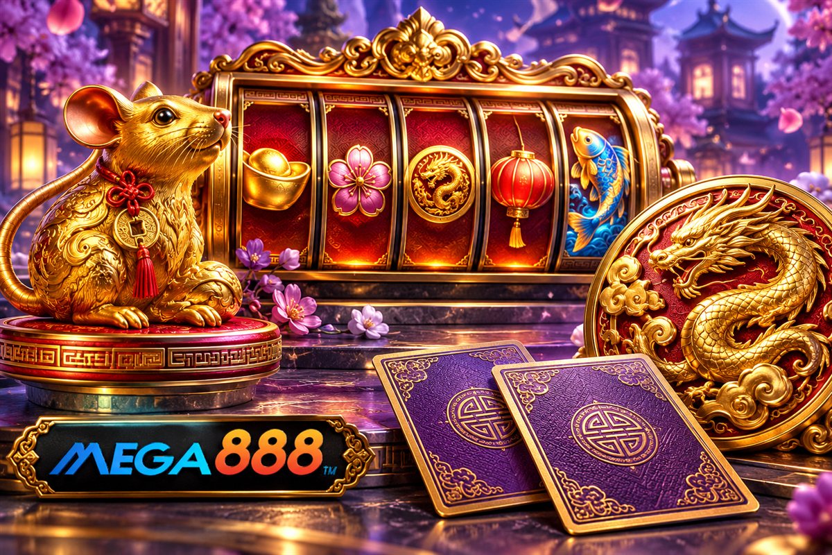 Mega888 branded golden rat, dragon medallion, reels and optional card-choice illustration