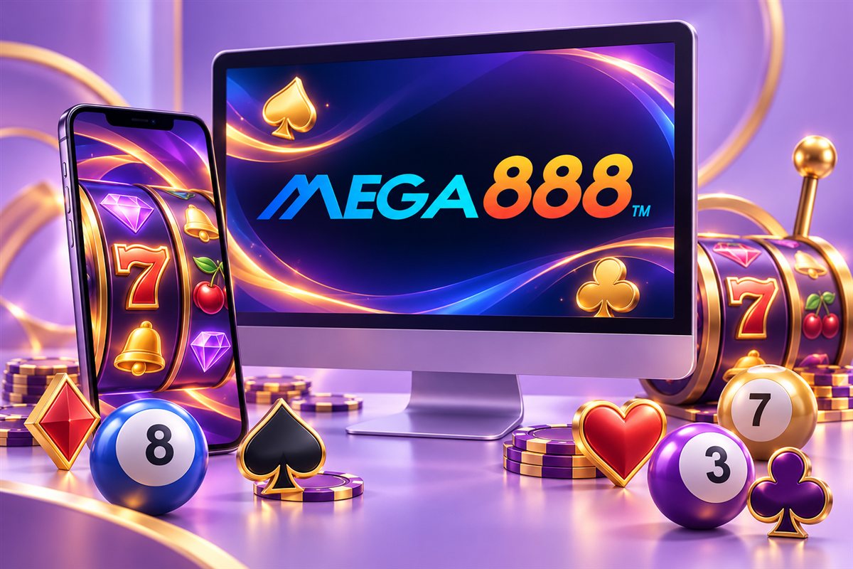Mega888 branded gaming platform illustration with phone, monitor and game symbols