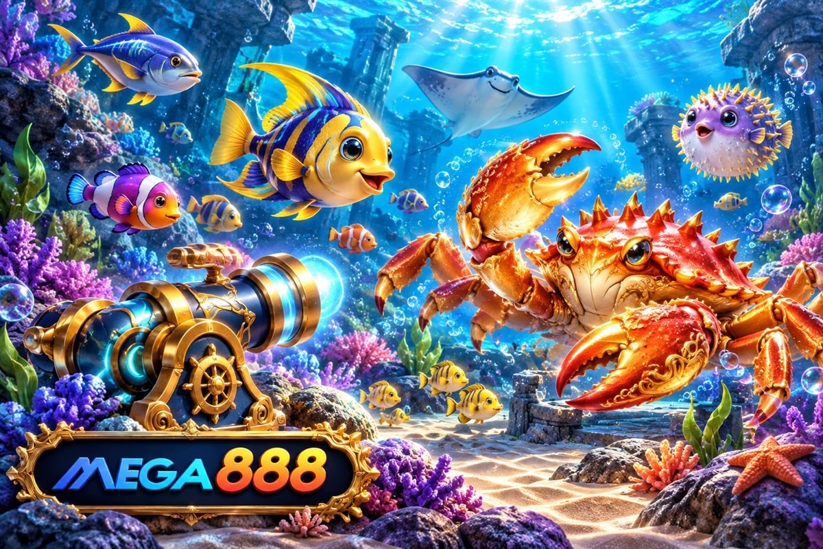 Mega888 branded underwater fishing illustration with fish, crab and game cannon