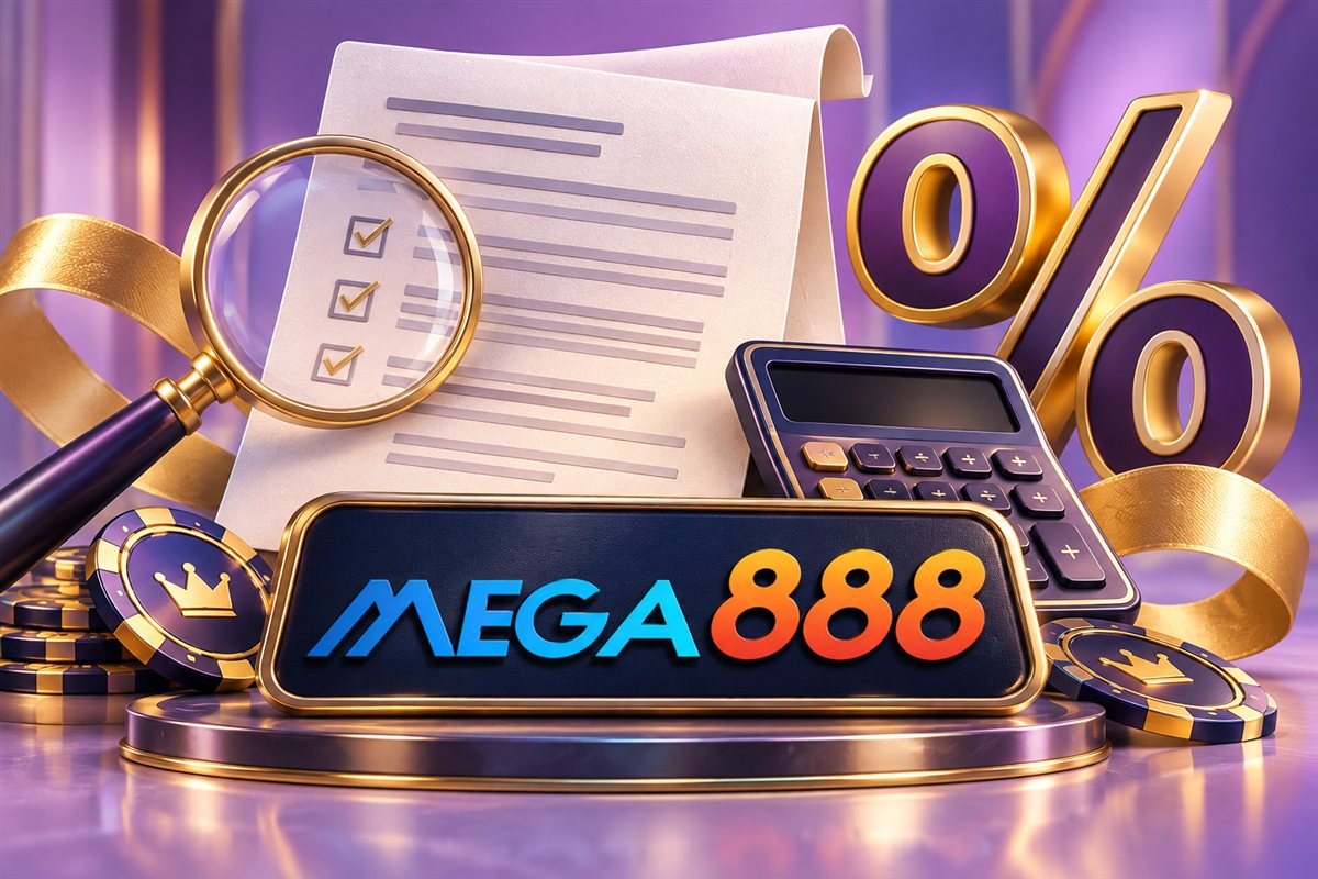 Mega888 branded bonus-terms illustration with percentage symbol and calculator