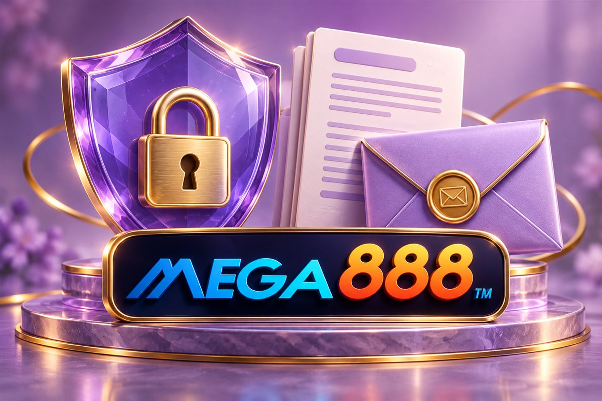 Mega888 branded privacy illustration with shield, lock and sealed envelope