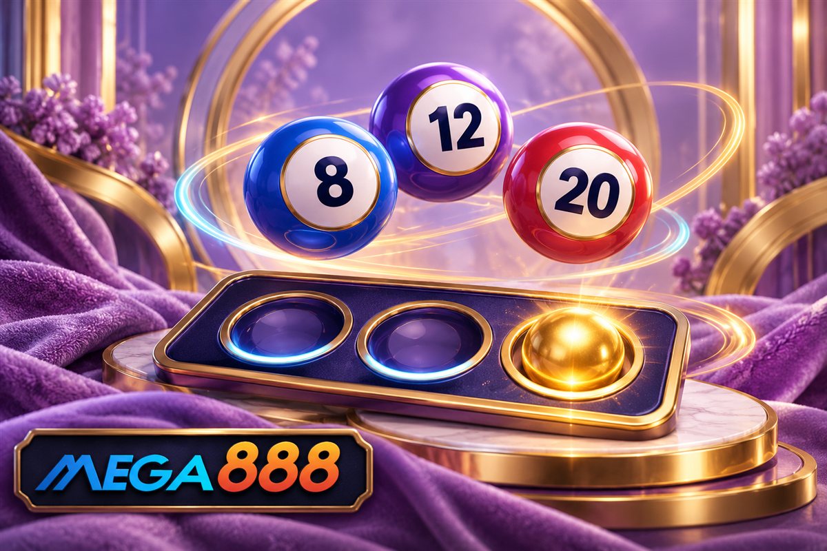 Mega888 branded Keno illustration with numbered balls and a highlighted final ball